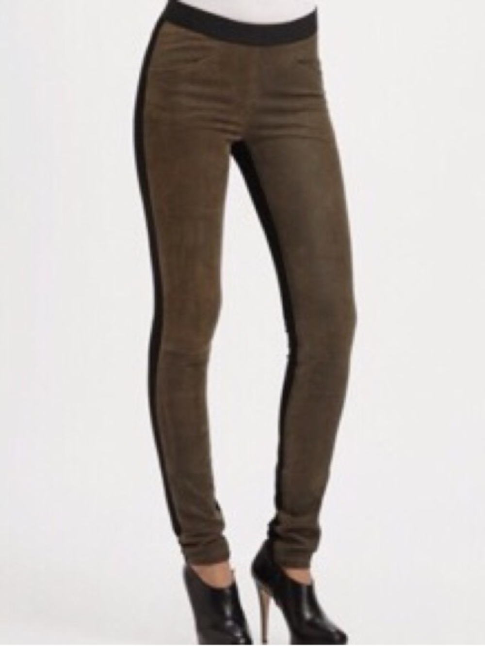 Theory Olive Suede-Look Skinny Pants with Black Side Stripe